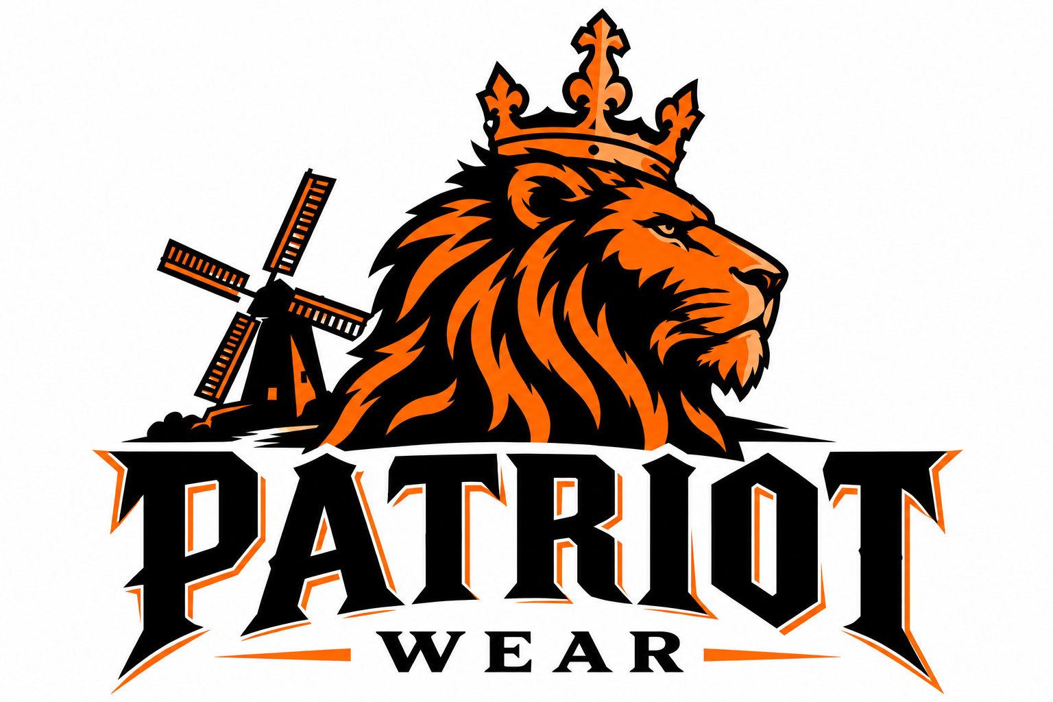 Patriot Wear logo met gekroonde leeuw en molen